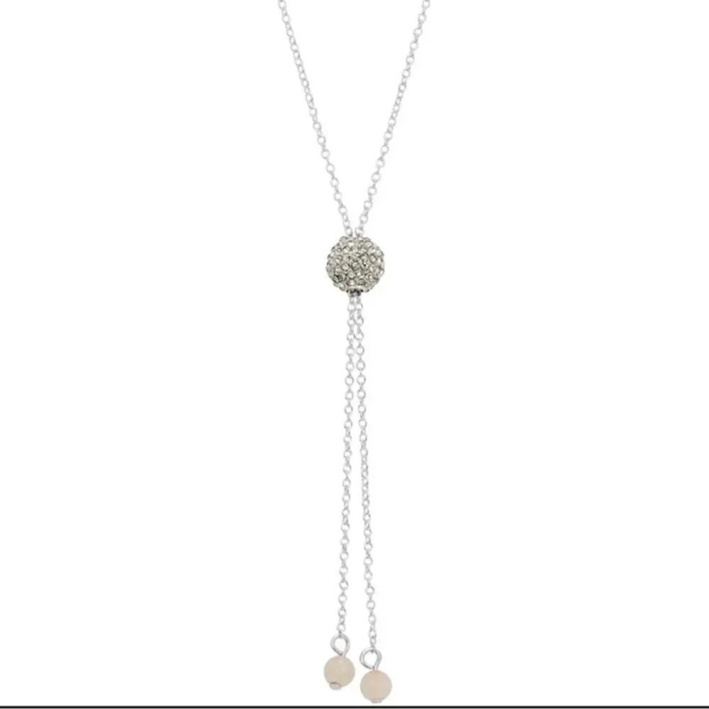 Rose Quartz Crystal Fireball Lariat Necklace Silver Plated